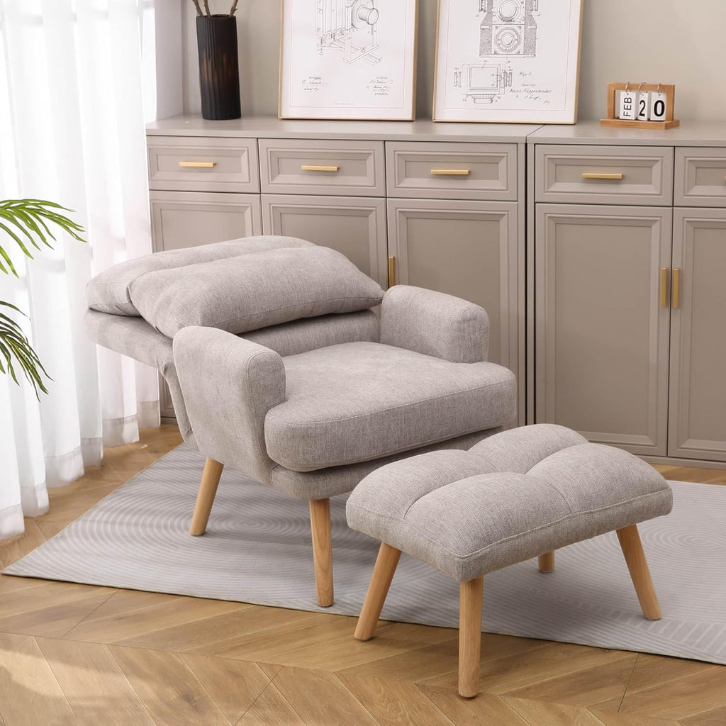 Decorative Chair Set with Footstool, Adjustable Backrest, Wooden Legs G861395