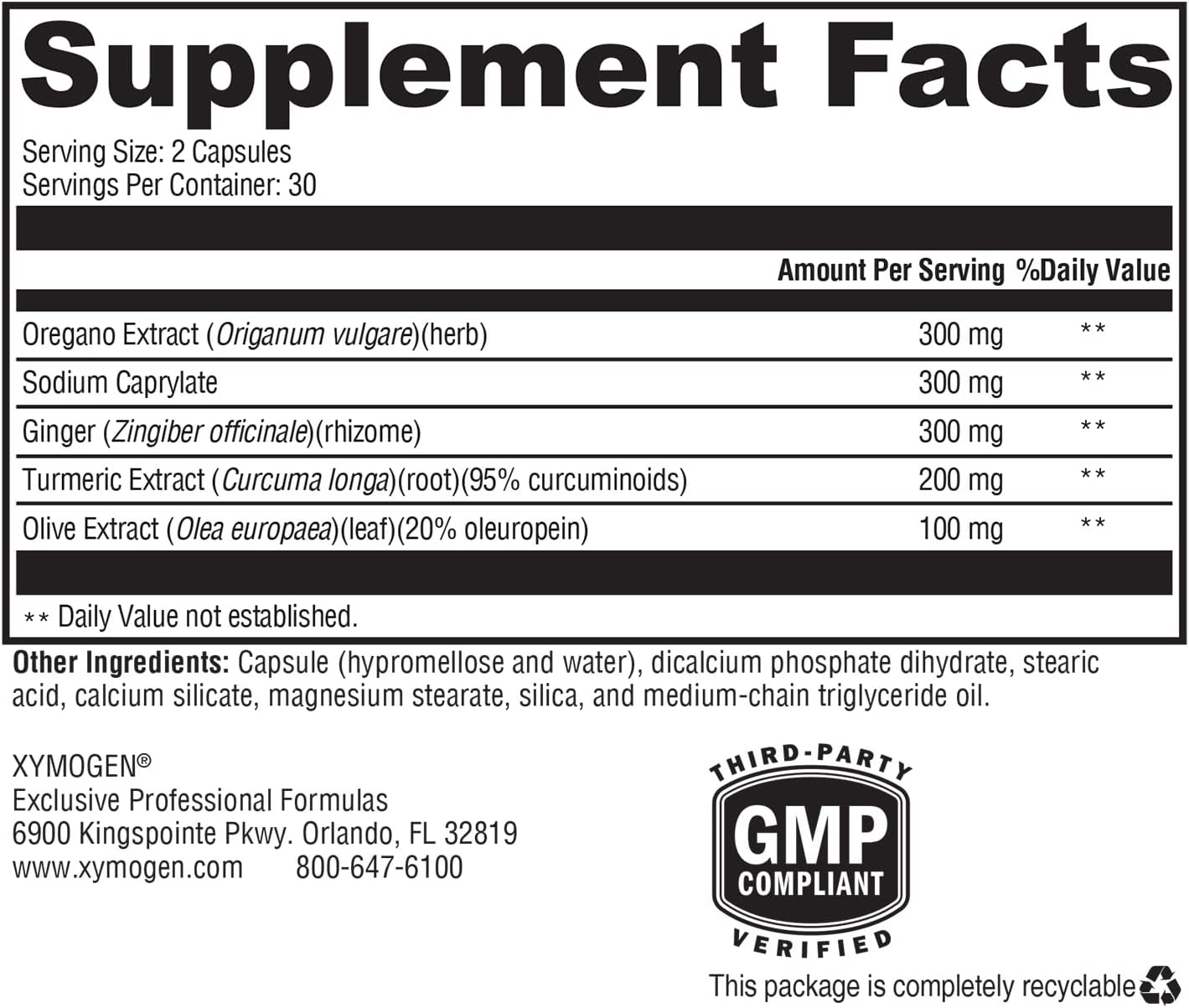 60 Capsules Oregano Extract Sodium Caprylate Ginger Turmeric Extract Olive Leaf Extract J716487