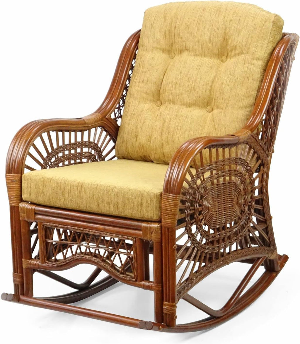 Natural Rattan Set of 2 Rocking Lounge Chairs with Light Brown Cushions and Round Coffee Table with Glass B162