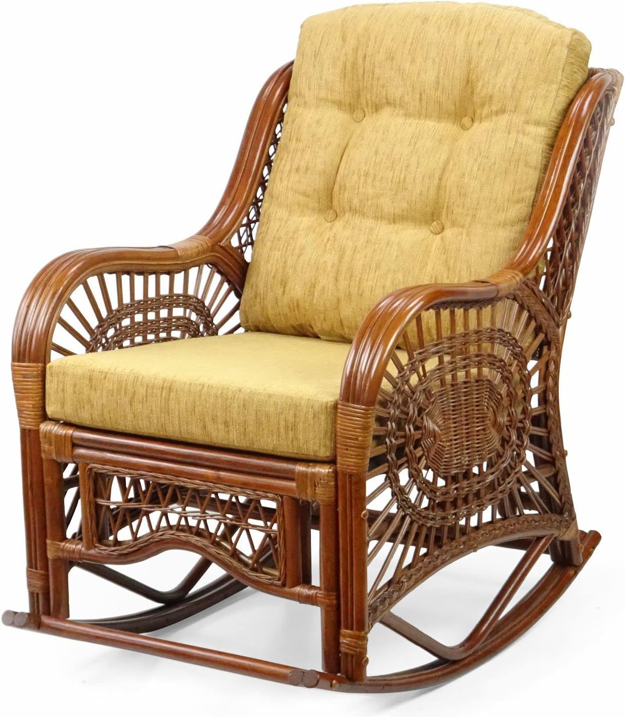 Natural Rattan Set of 2 Rocking Lounge Chairs with Light Brown Cushions and Round Coffee Table with Glass B162