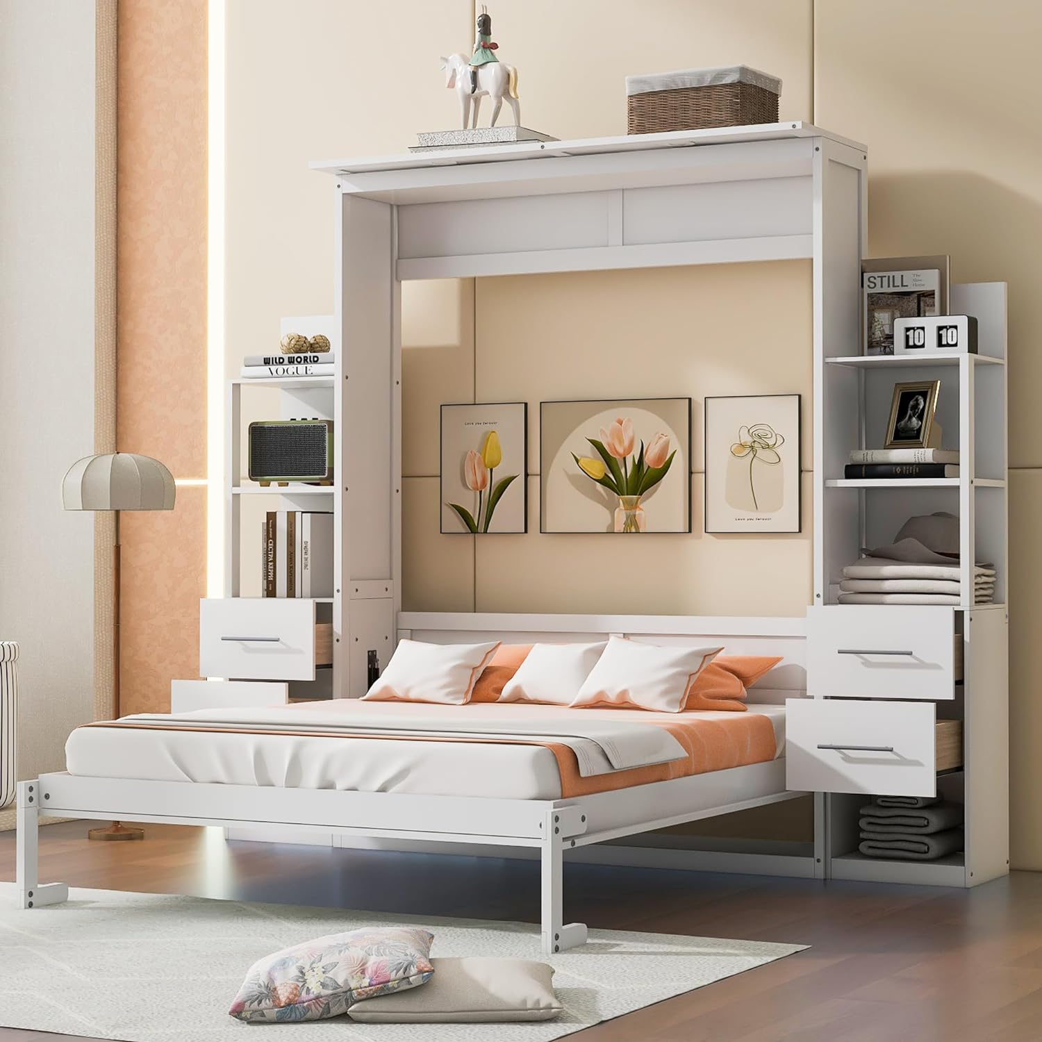 White Queen Size Murphy Wall Bed with Shelves, Drawers and LED Lights G1059
