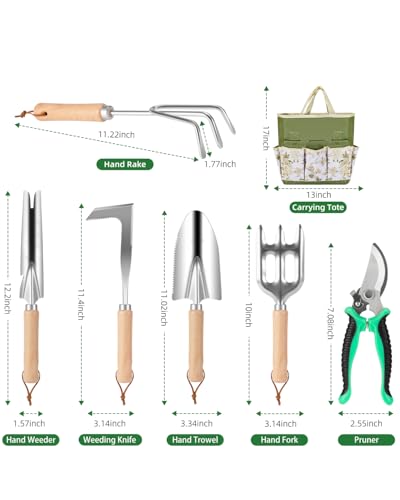 9-Piece Heavy Duty Stainless Steel Gardening Tool Set with Storage Tote (Green) E7604