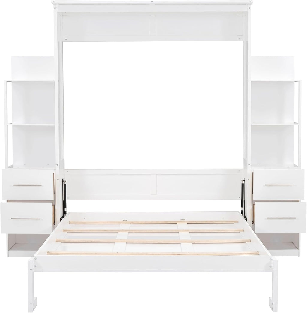 White Queen Size Murphy Wall Bed with Shelves, Drawers and LED Lights G1059