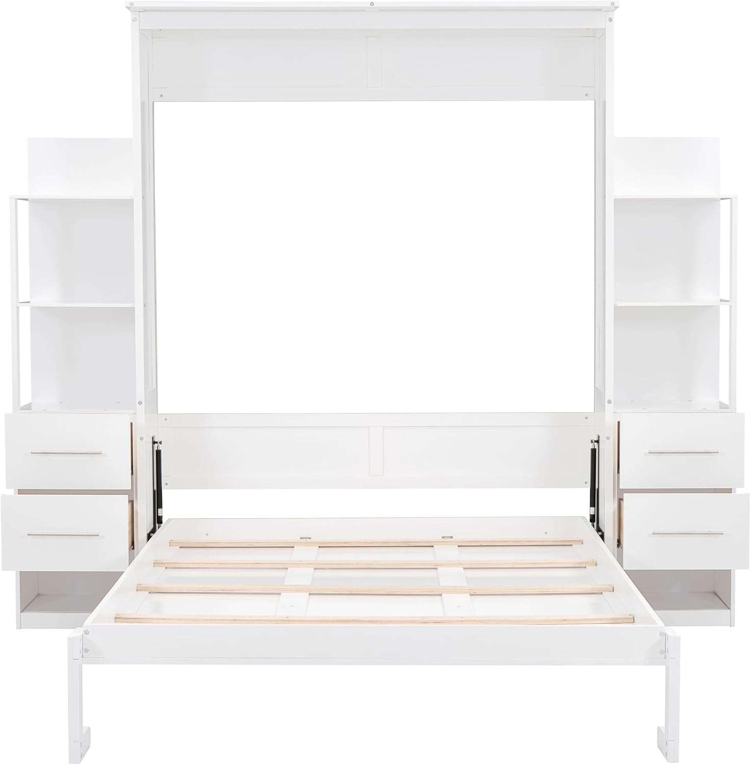 White Queen Size Murphy Wall Bed with Shelves, Drawers and LED Lights G1059