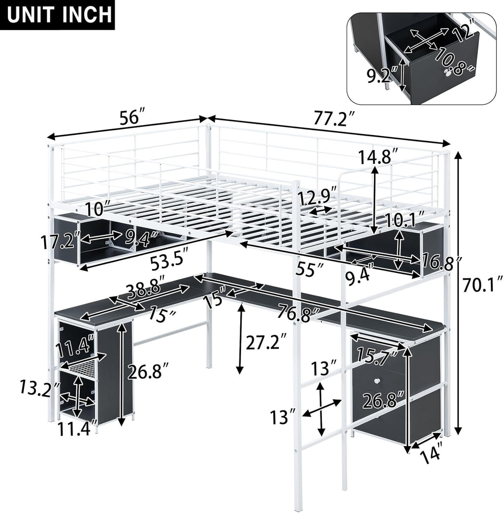 Full Size Metal Loft Bed with Bookcase and Desk N3752