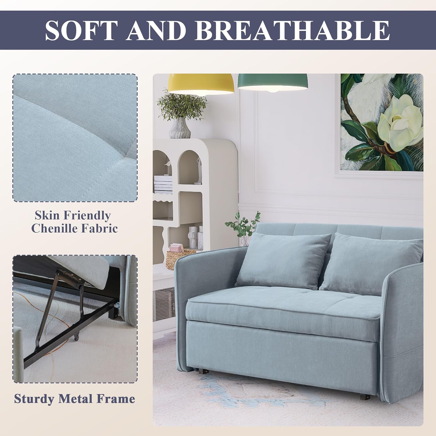 Bluish Grey Chenille Fabric Double Sofa Bed with Pull-Out Bed C1050