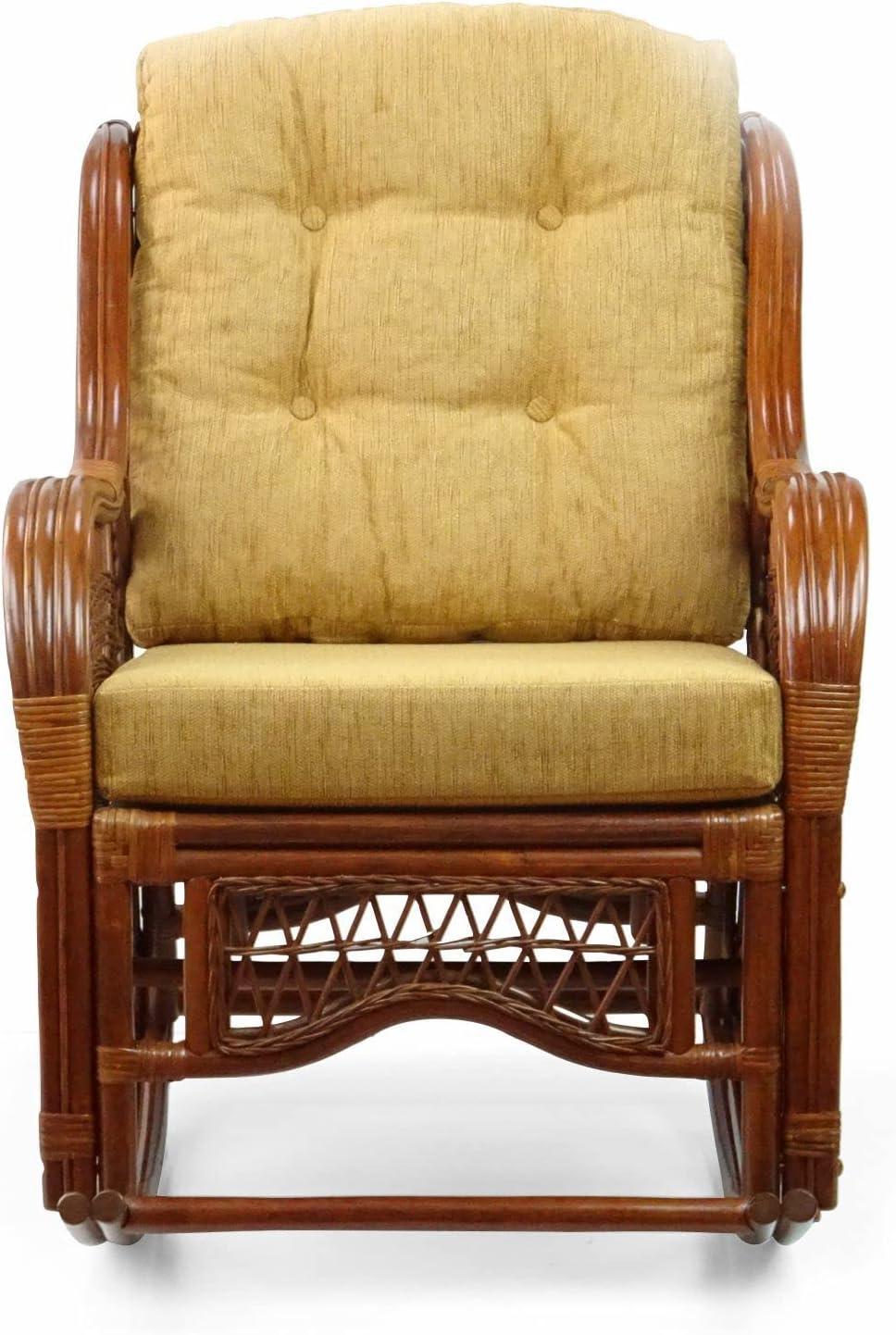 Natural Rattan Set of 2 Rocking Lounge Chairs with Light Brown Cushions and Round Coffee Table with Glass B162