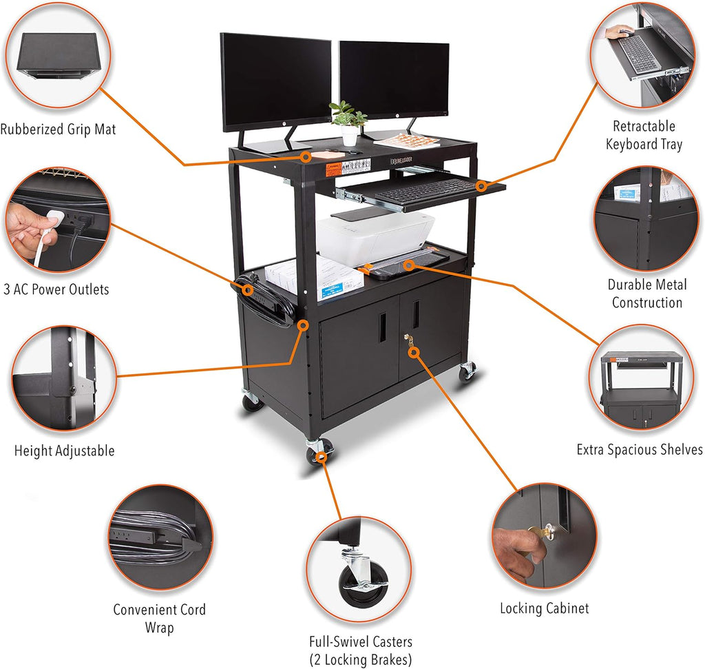 Large AV Cart with Locking Cabinet, Height Adjustable, Black M820
