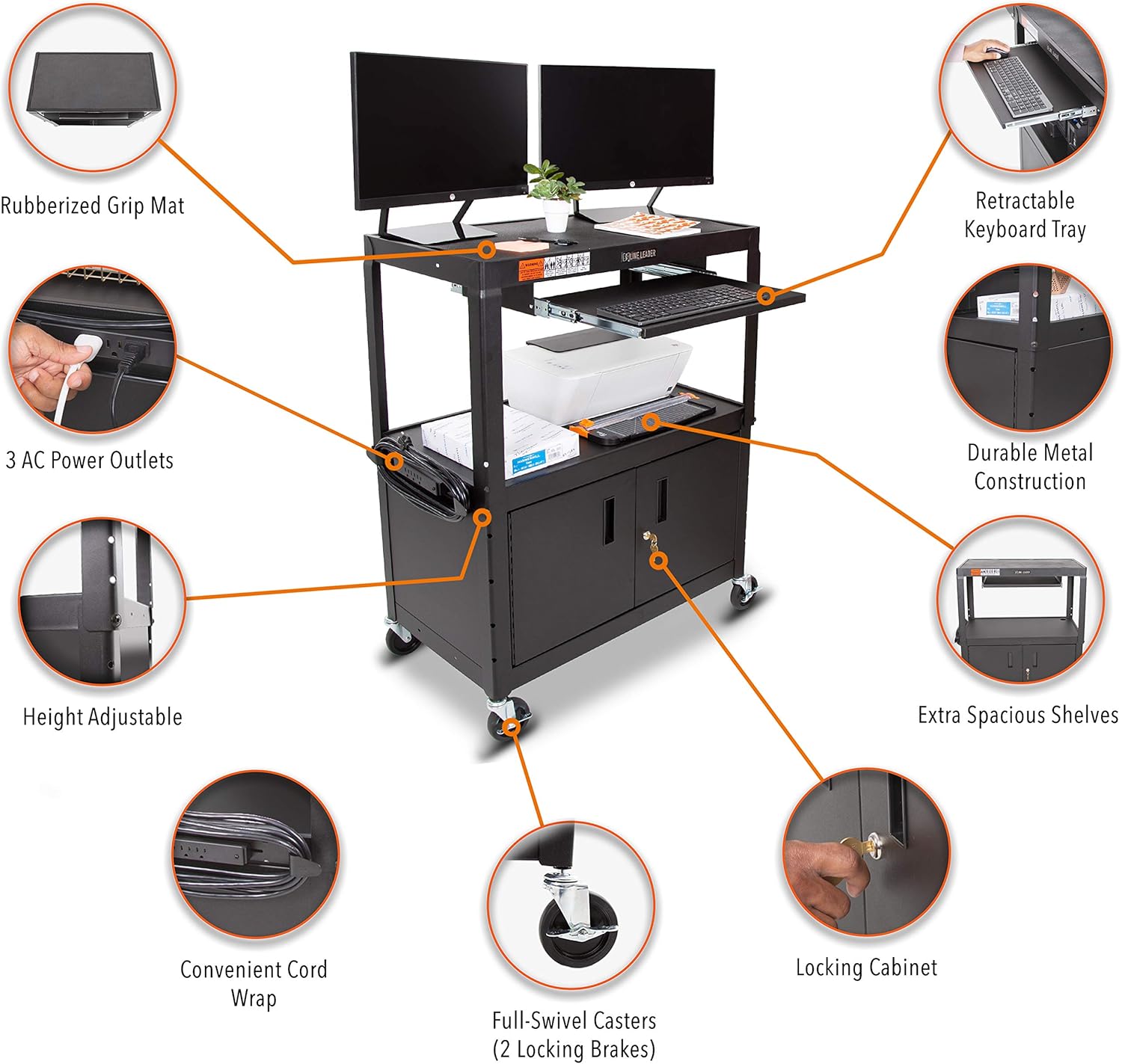 Large AV Cart with Locking Cabinet, Height Adjustable, Black M820