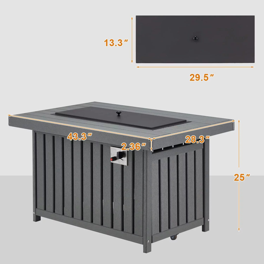 Gray 43 Inch HDPE Propane Fire Pit Table with Lid and Fire Glass J7544