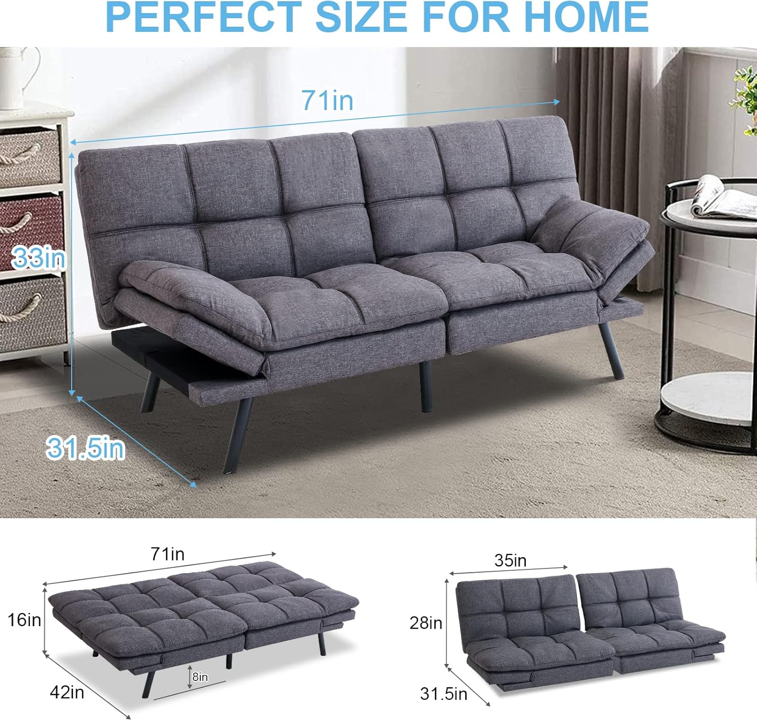 Grey Memory Foam Convertible Futon Sofa Bed H116