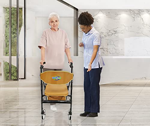 Heavy Duty Rollator Walker with Seat, Extra Wide Alluminium Folding Rolling Walker 450LB with Wide Basket & Padded Seat, 4 Wheel Walker (Black) Q96331