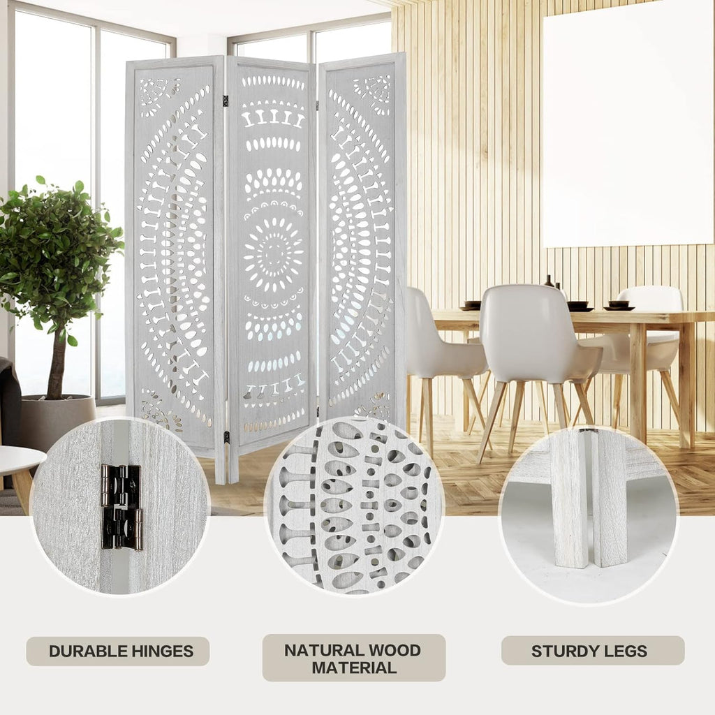 3 Panel Carved Wood Room Divider, 5.6ft Tall Folding Privacy Screen (White) H8638