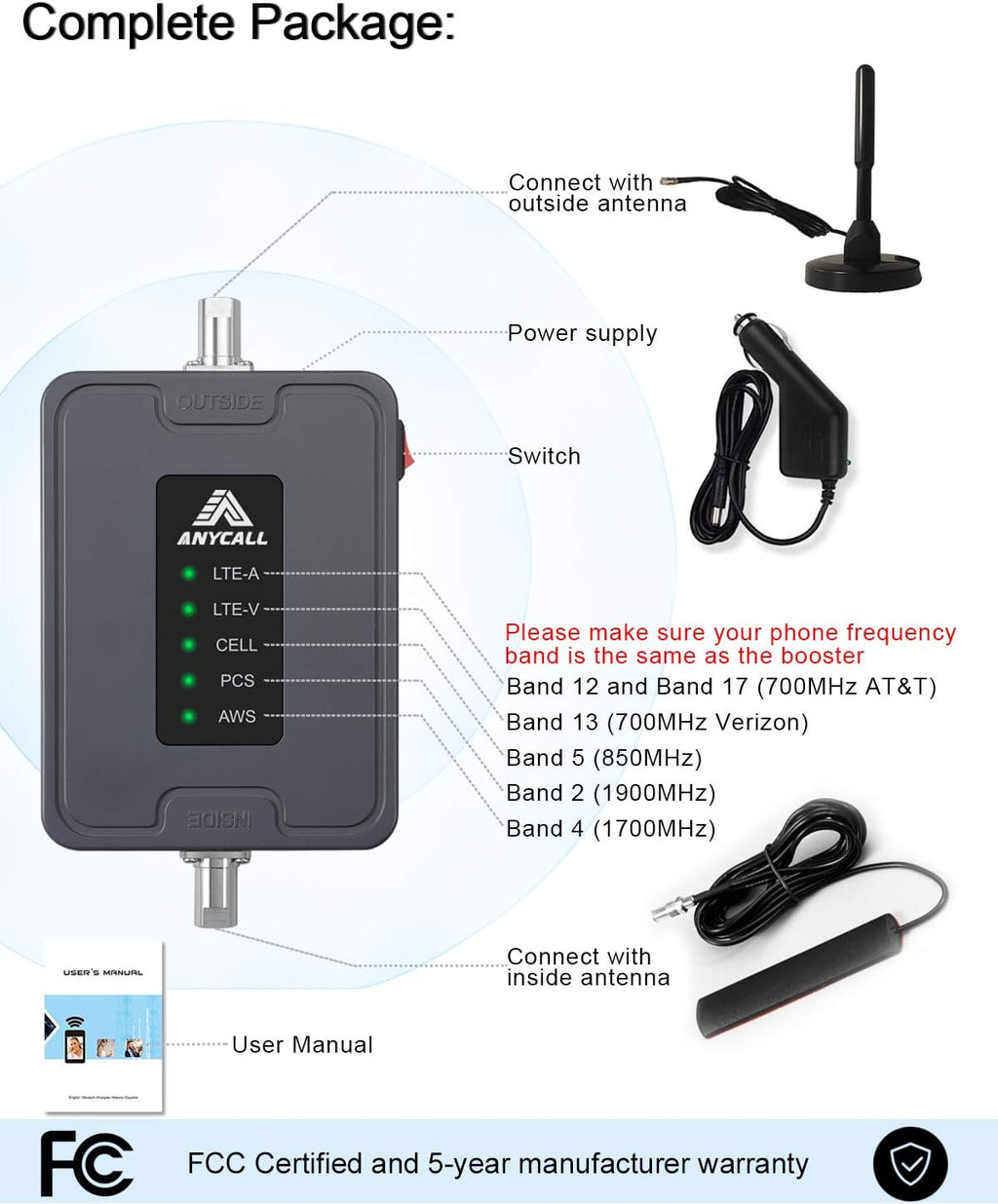 5 Bands Vehicle Cell Signal Booster for 3G 4G LTE Voice & Data E810