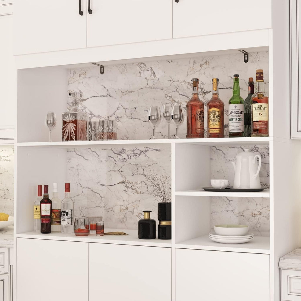 White Wood Kitchen Pantry Storage Cabinets with Hutch Buffet U80697