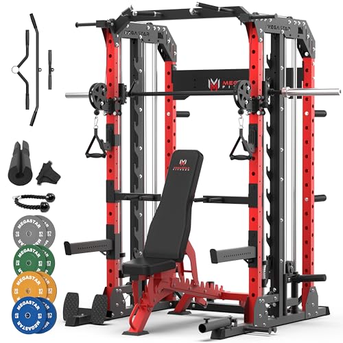 Smith Machine Home Gym with Aluminum Pulley Set - 2000lbs Capacity All-in-One Power Rack with Cable Crossover, Pull-Up Bar & Dip Station, Includes 18 Attachments X713371