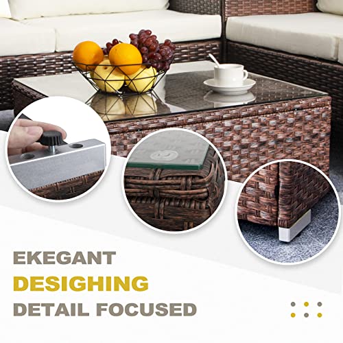 Outdoor Wicker Coffee Table with Glass Top, 25.2in Mixed Brown G58374