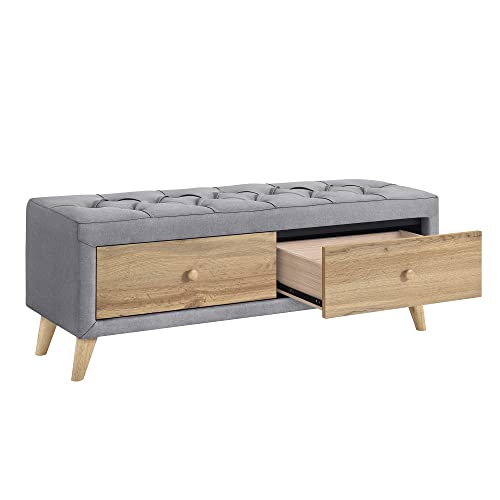 Gray Upholstered Wooden Storage Ottoman Bench with 2 Drawers V2747
