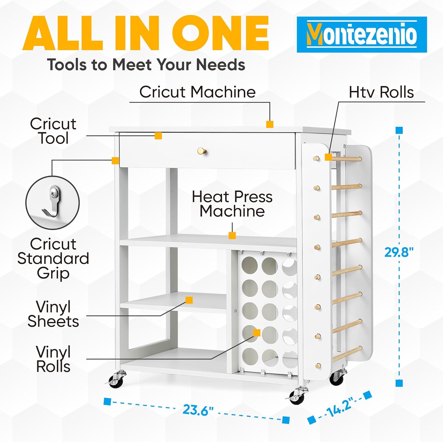 Mobile Craft Storage with 23 Vinyl Roll Holder, Craft Table Stand with Wheels, Crafting Cabinet with Large Drawers T151