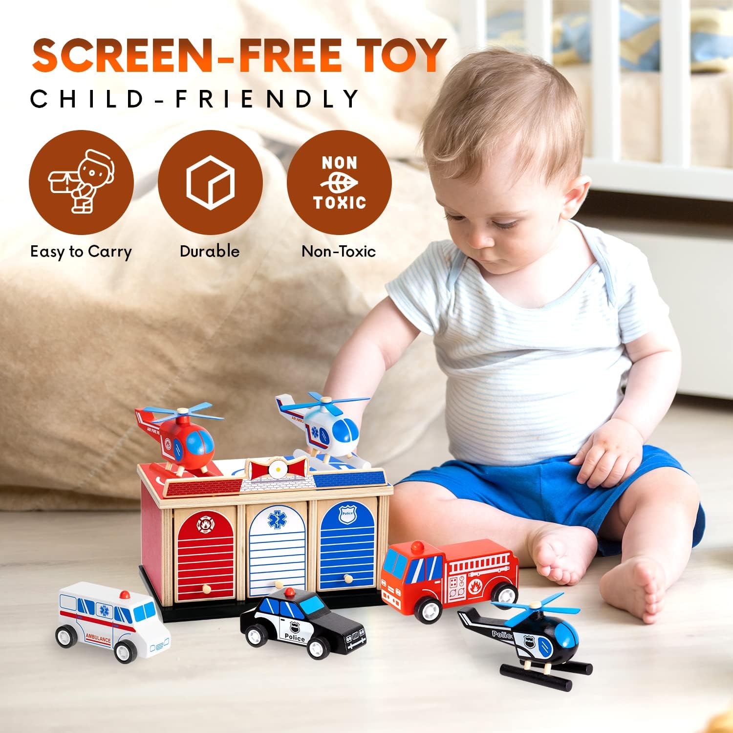 2-Level 3-Bay Parking Garage Toy Set with Fire Truck, Ambulance, Police Car, and 3 Rescue Helicopters Y312