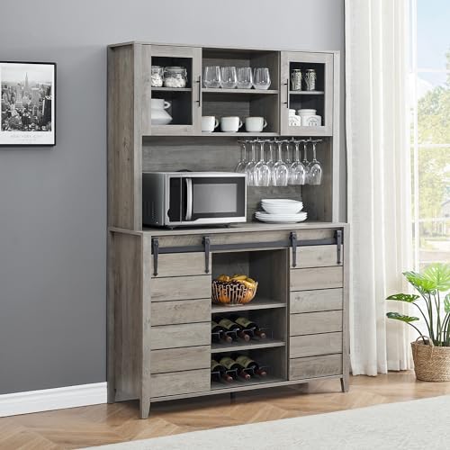 White Tall Farmhouse Coffee Bar Wine Cabinet with Sliding Barn Doors and Storage H945425