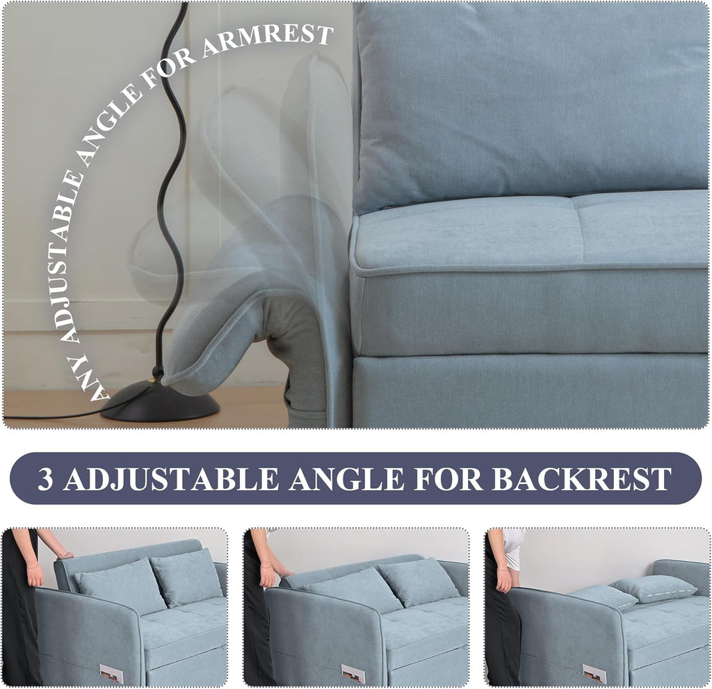 Bluish Grey Chenille Fabric Double Sofa Bed with Pull-Out Bed C1050
