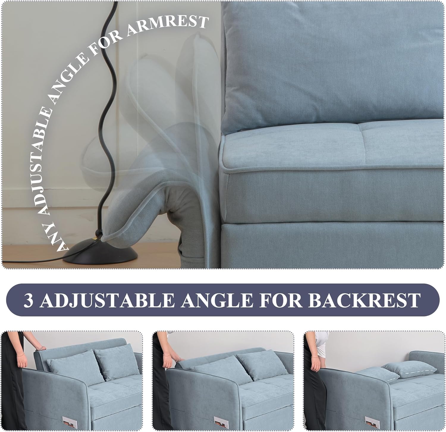 Bluish Grey Chenille Fabric Double Sofa Bed with Pull-Out Bed C1050