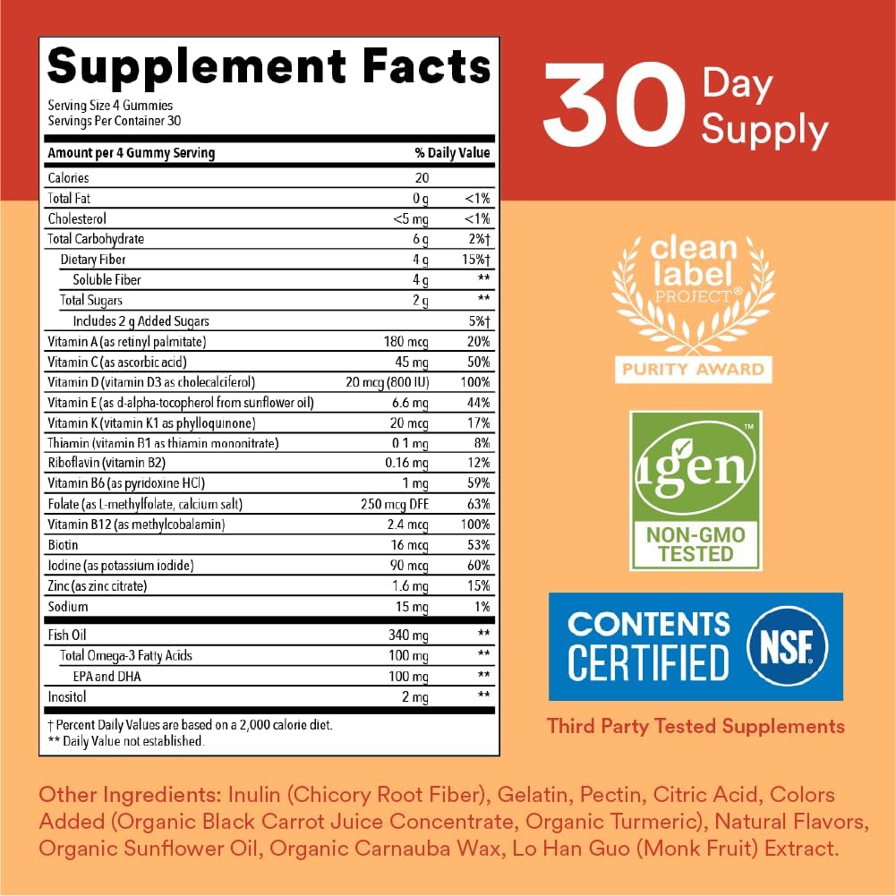 Sugar Free Kids Multivitamin Gummies with Omega 3, Vitamin D3, C & Fiber A901071