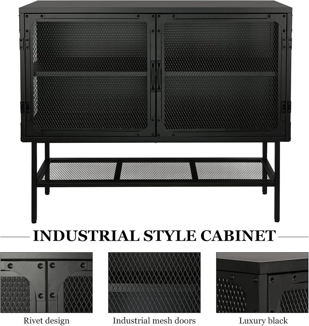 Industrial Cabinet Console Table with 2 Mesh Doors Adjustable Shelf and Feet Bottom Shelf Anti-Tip Dust-Free Kitchen Credenza Sideboard Frosted O592