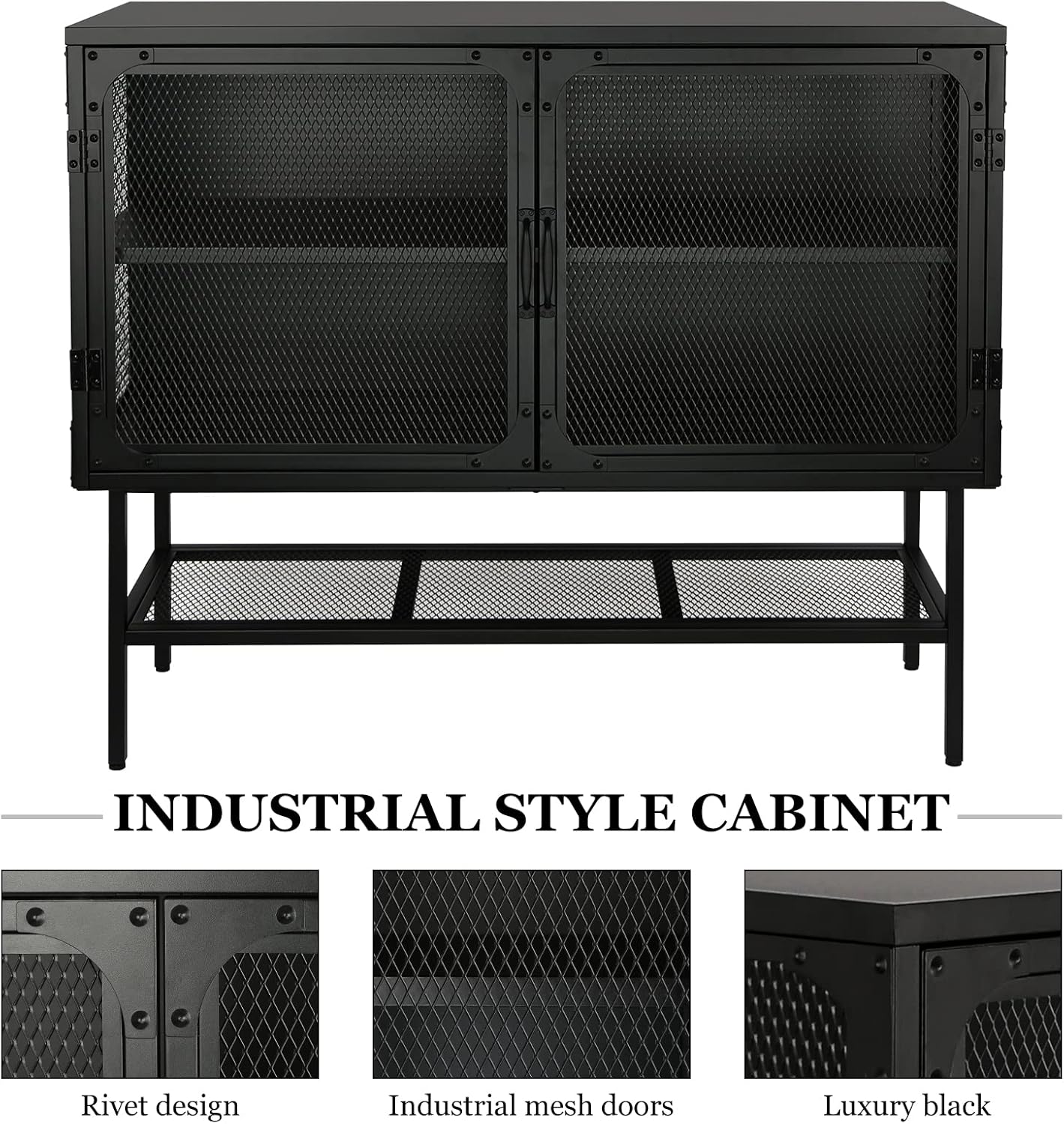 Industrial Cabinet Console Table with 2 Mesh Doors Adjustable Shelf and Feet Bottom Shelf Anti-Tip Dust-Free Kitchen Credenza Sideboard Frosted O592