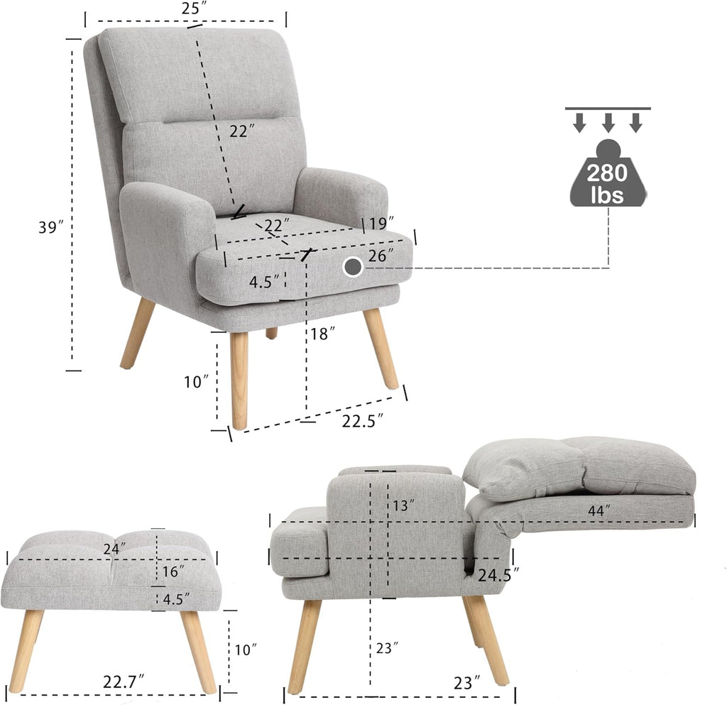 Decorative Chair Set with Footstool, Adjustable Backrest, Wooden Legs G861395