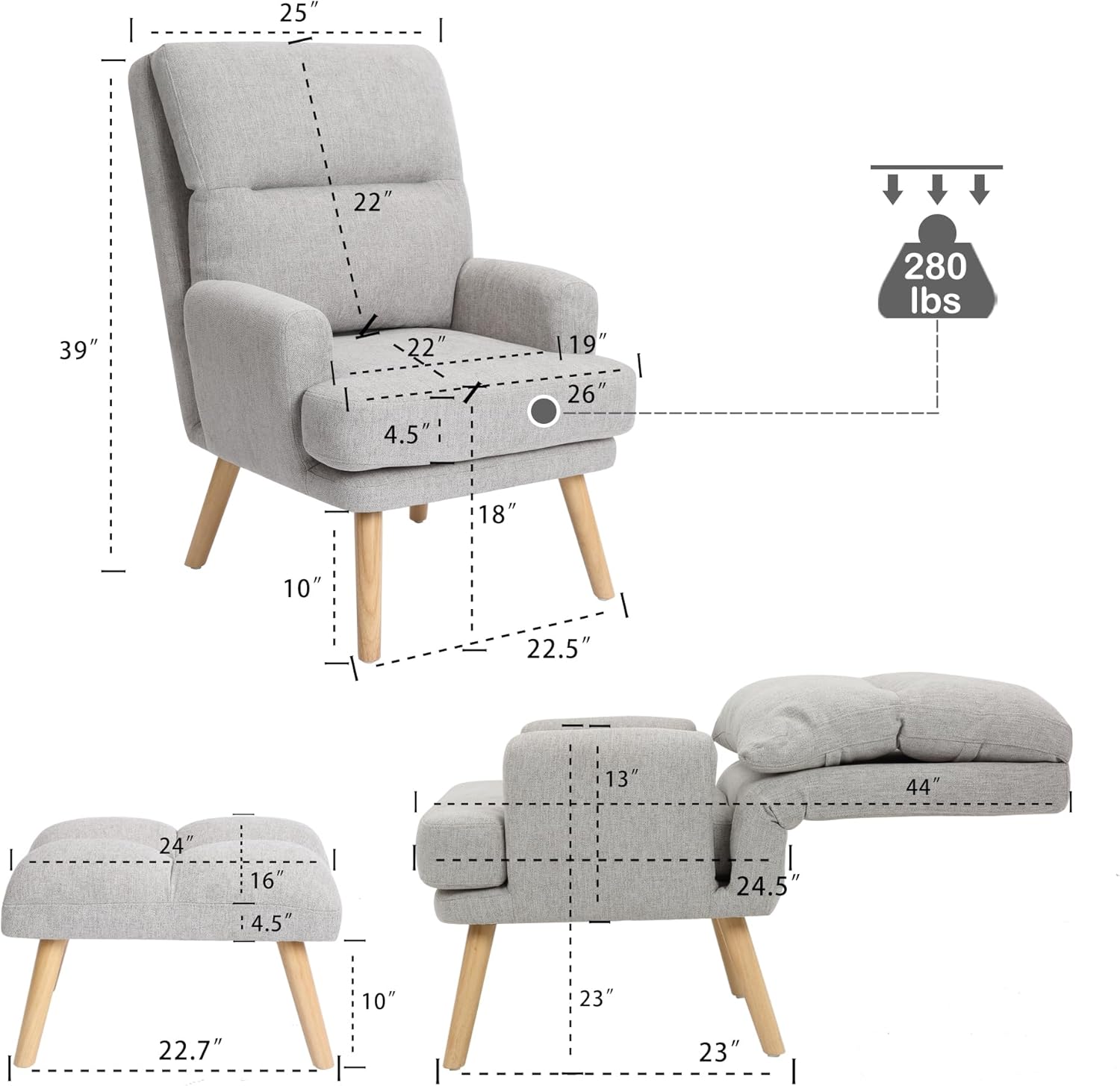 Decorative Chair Set with Footstool, Adjustable Backrest, Wooden Legs G861395