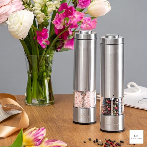 Electric Salt and Pepper Grinder Set - Battery Operated Stainless Steel Mill with Light (2 Black Mills) - Ceramic Grinders Q630