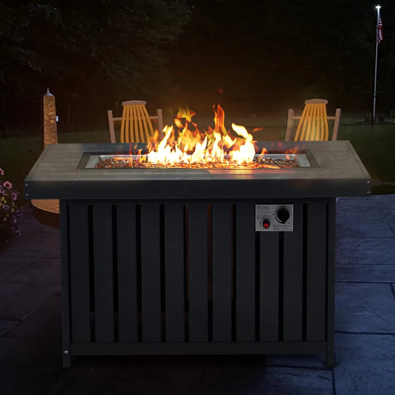 Gray 43 Inch HDPE Propane Fire Pit Table with Lid and Fire Glass J7544