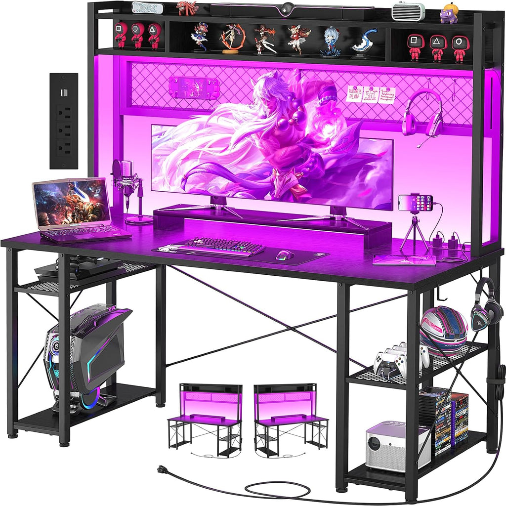 Black 55 Inch Gaming Desk with Hutch and LED Lights M997