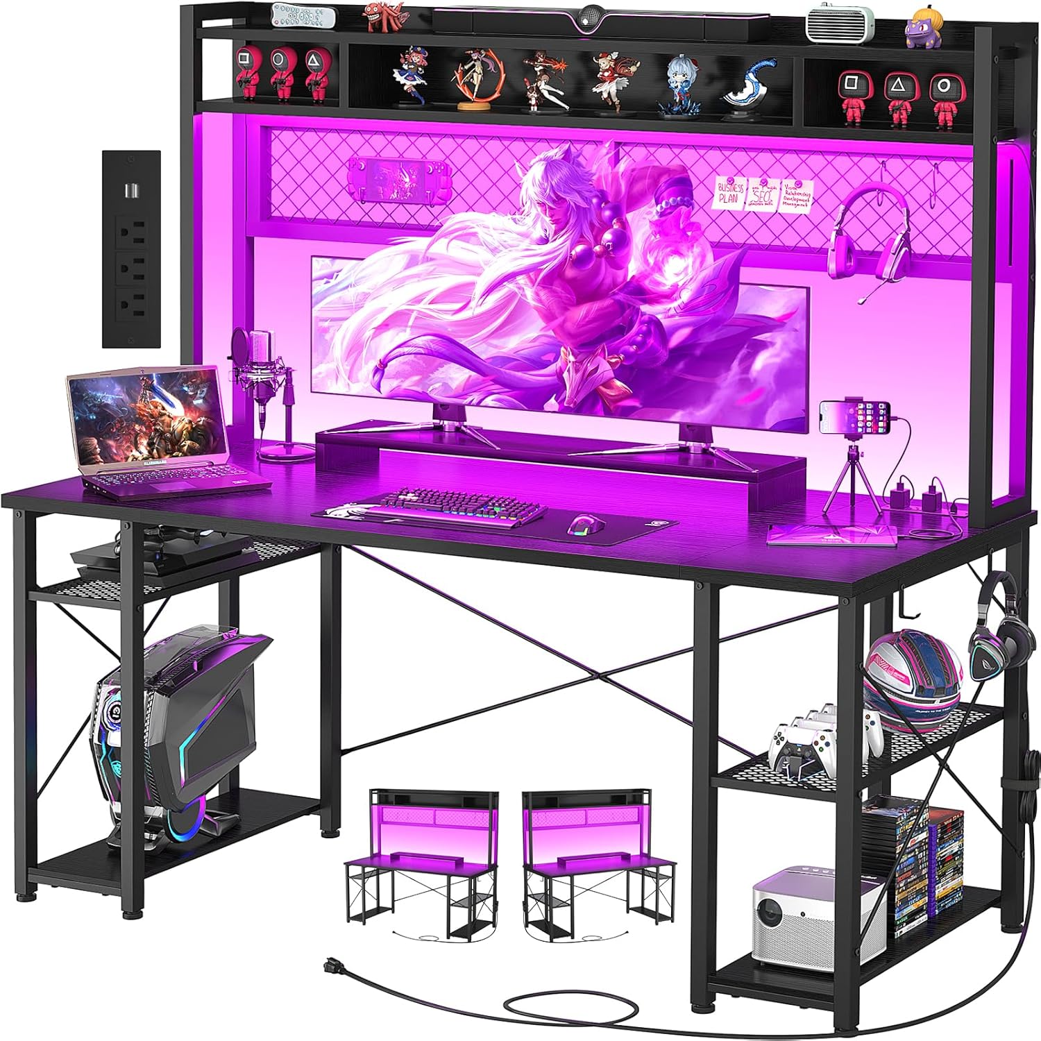 Black 55 Inch Gaming Desk with Hutch and LED Lights M997