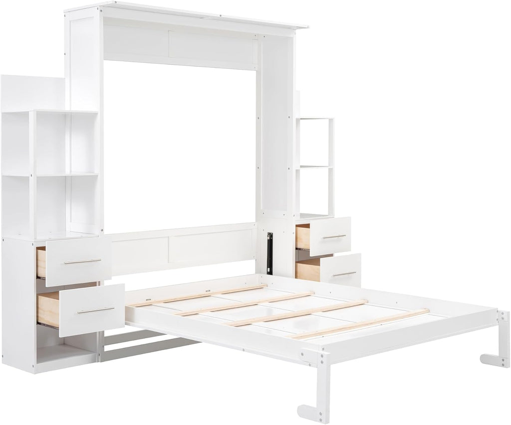 White Queen Size Murphy Wall Bed with Shelves, Drawers and LED Lights G1059