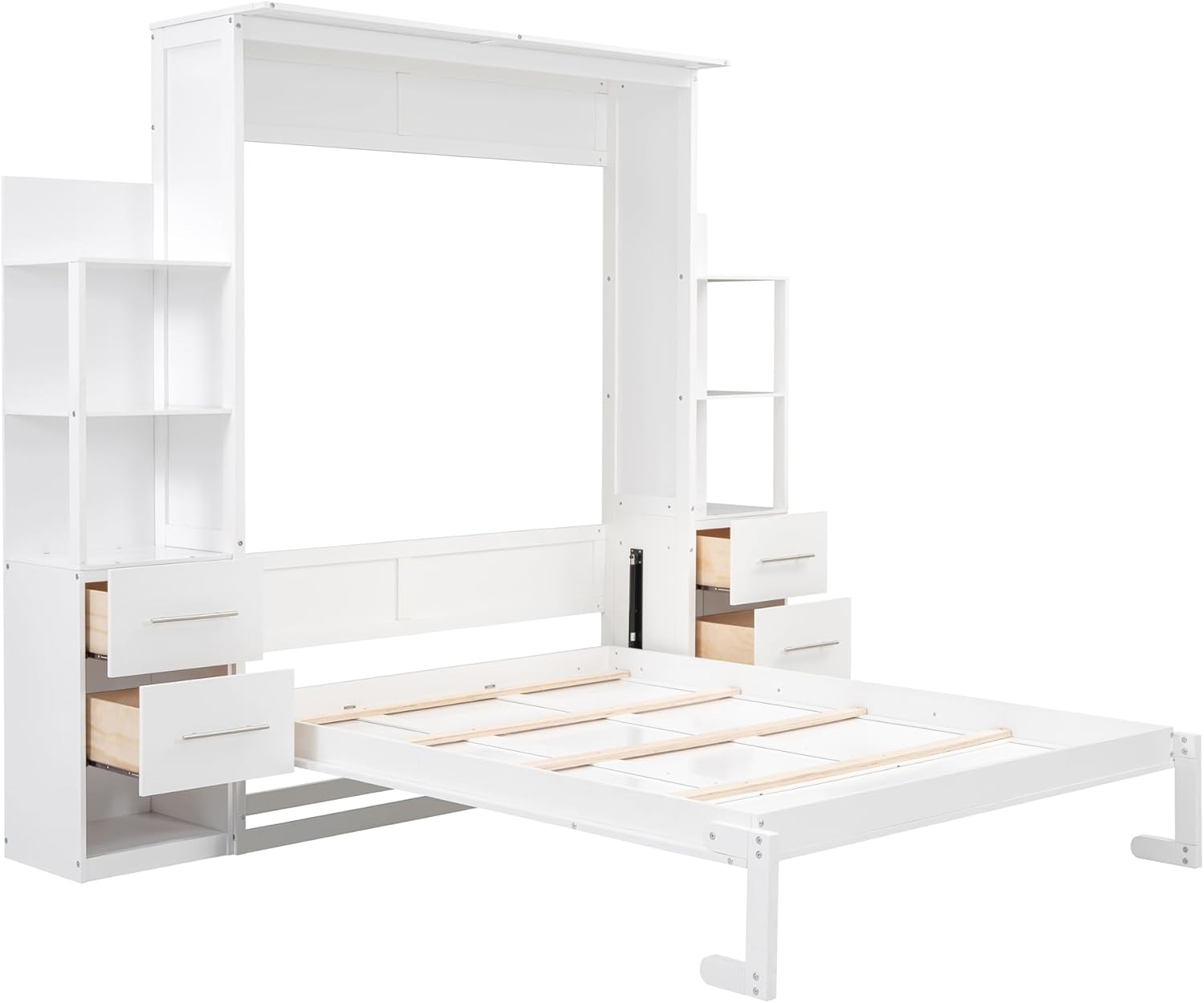 White Queen Size Murphy Wall Bed with Shelves, Drawers and LED Lights G1059