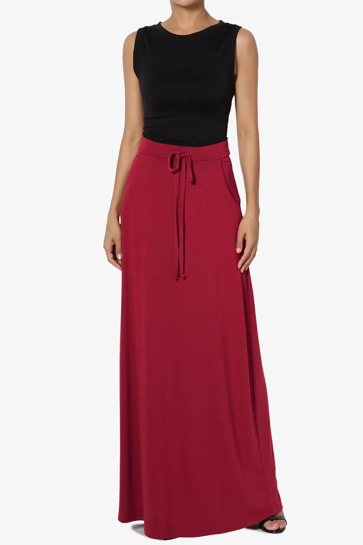 Women's PLUS Drawstring Waist Pocket Drapey Jersey A-Line Long Maxi Skirt X54505