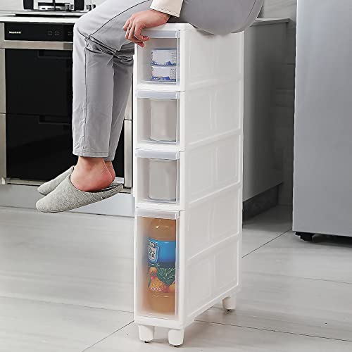 Narrow Tall Floor Cabinet with 4 Clear Drawers and Casters X73924