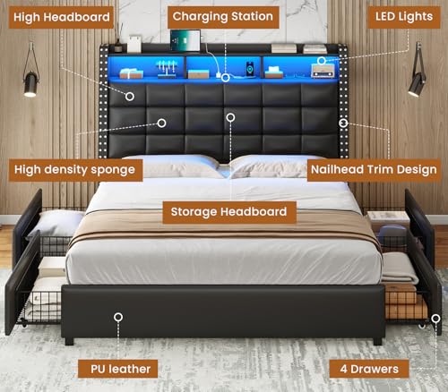 Gray Queen Bed Frame with Storage Headboard and 4 Drawers T60505