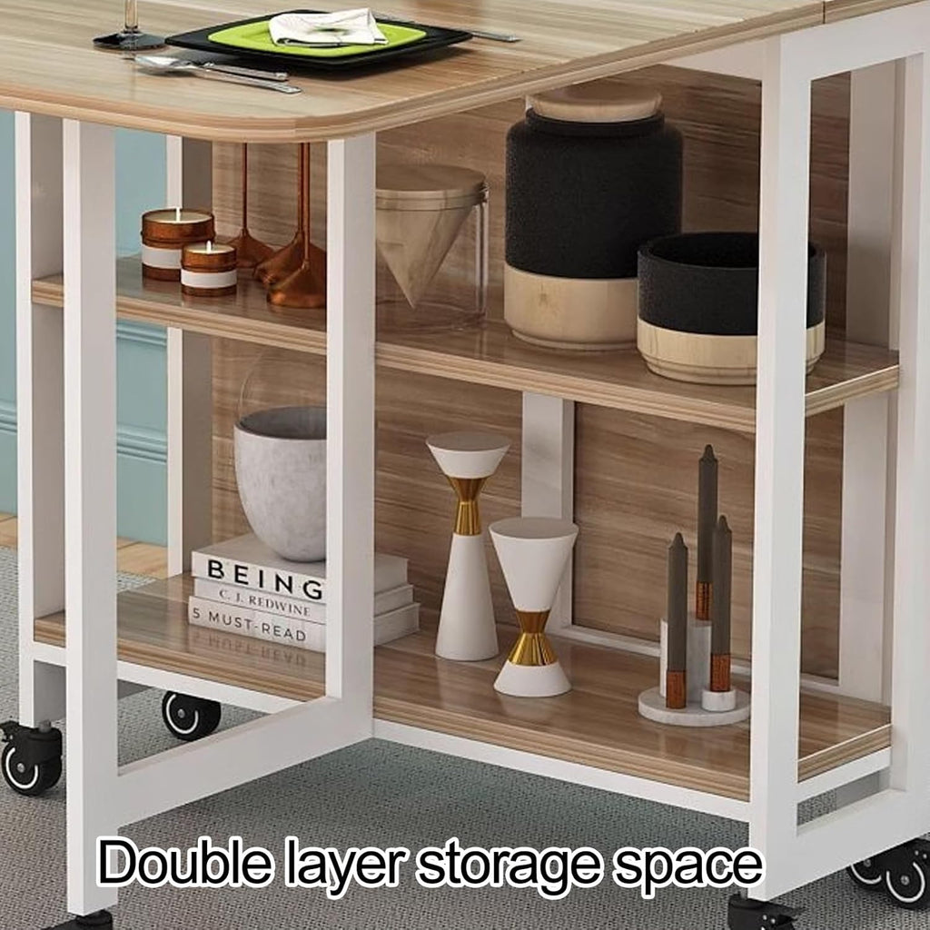 Drop Leaf Dining Table with 6 Wheels and 2-Layer Storage Racks C337033