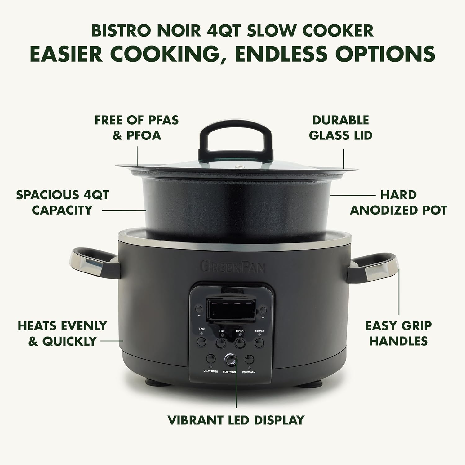 4QT Electric Slow Cooker with Lid, Hard Anodized Ceramic Nonstick Inner Pot V14458