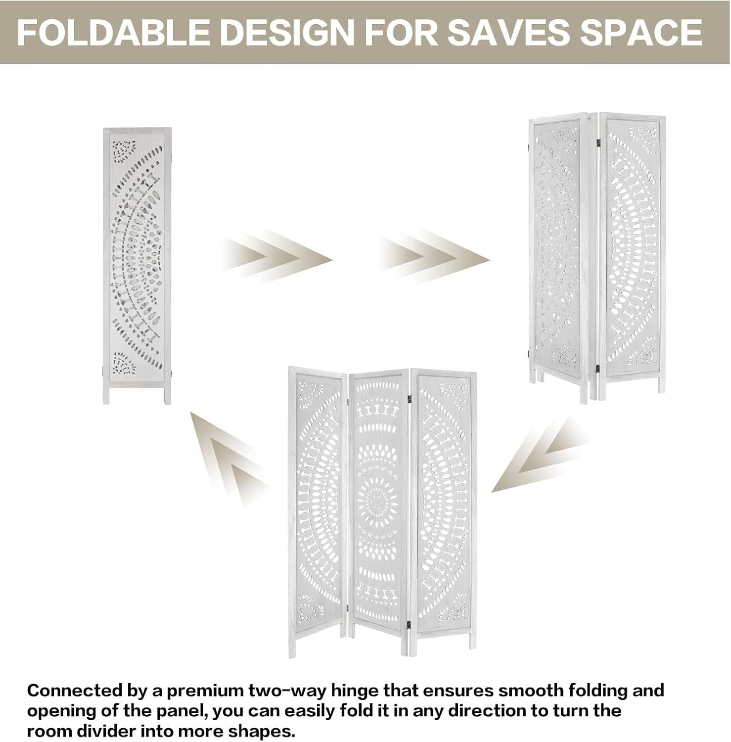 3 Panel Carved Wood Room Divider, 5.6ft Tall Folding Privacy Screen (White) H8638