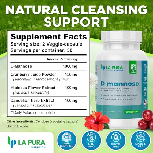 D-mannose 1000 mg Supplement with Cranberry Juice Powder, Hibiscus Flower & Dandelion Herb Extract, 60 Capsules K7462