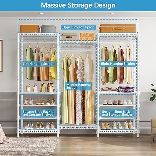 White Heavy Duty Garment Rack with Adjustable Shoe Rack Wire Shelf P115554