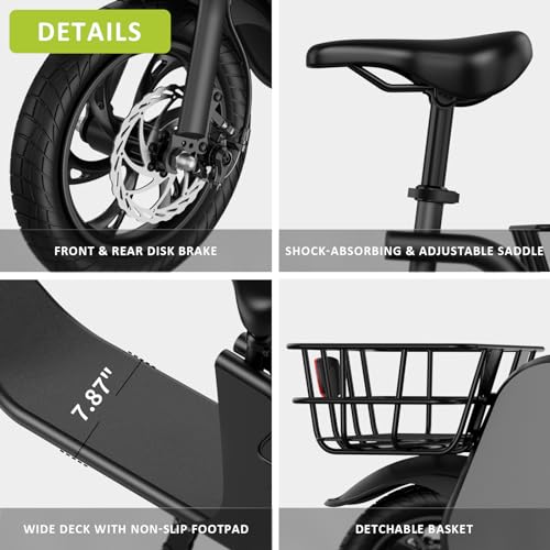 Electric Scooter with Seat & Carry Basket, 672W PWR, 288Wh, 20MPH, 20 Miles, 12.5" Tires N179