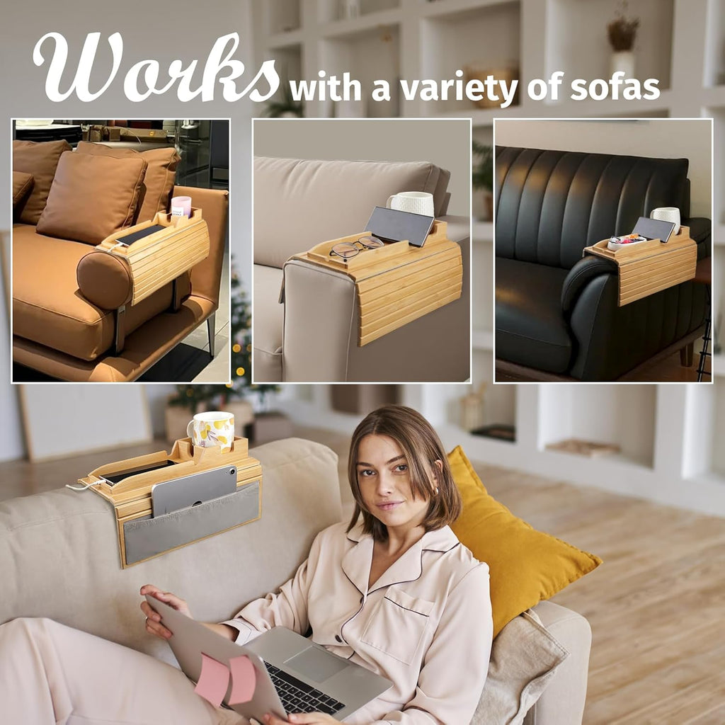 Natural Bamboo Couch Cup Holder Tray with Side Storage Pocket Z62163