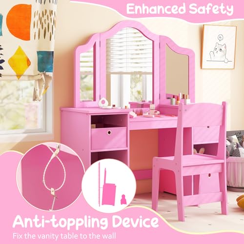 White Kids Vanity with Tri-fold Mirror Q66544
