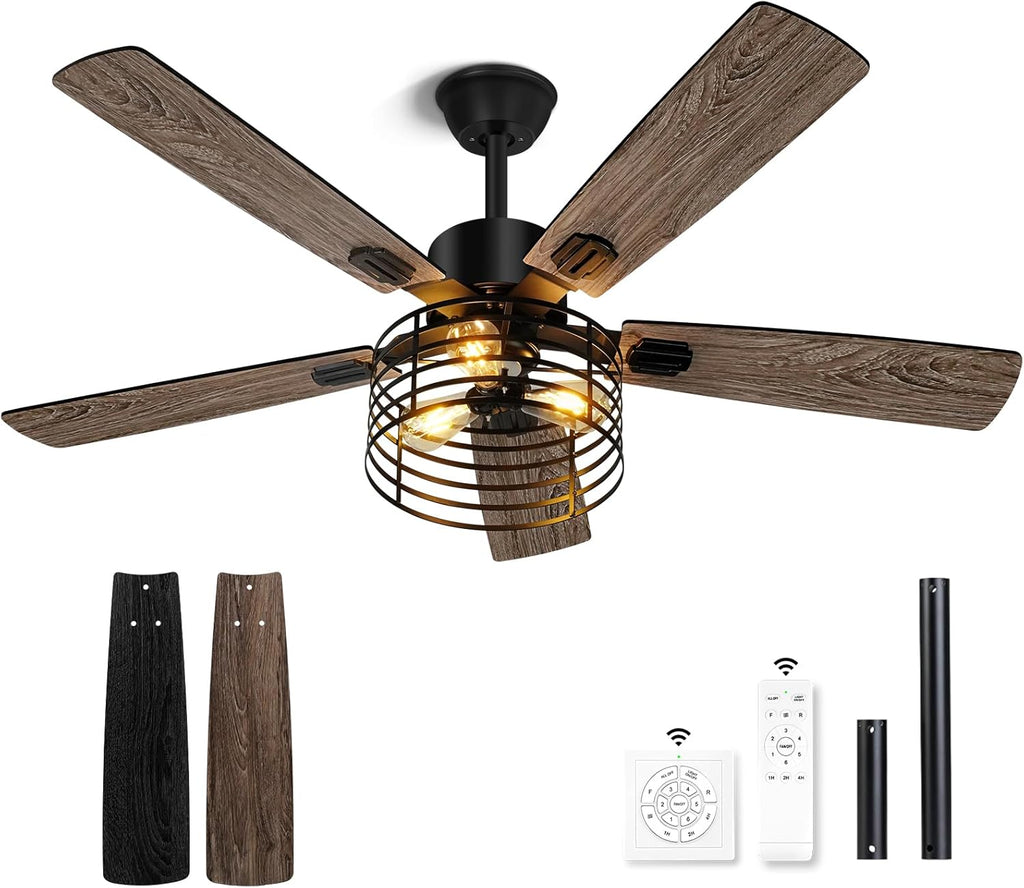 52 Inch Industrial Black Ceiling Fan with Light and Remote E2201